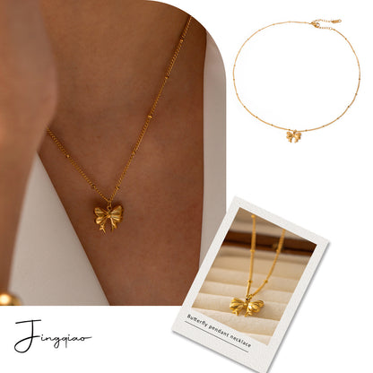 Exquisite Light Luxury 18K Gold Stainless Steel Bead Chain Butterfly Pendant Necklace