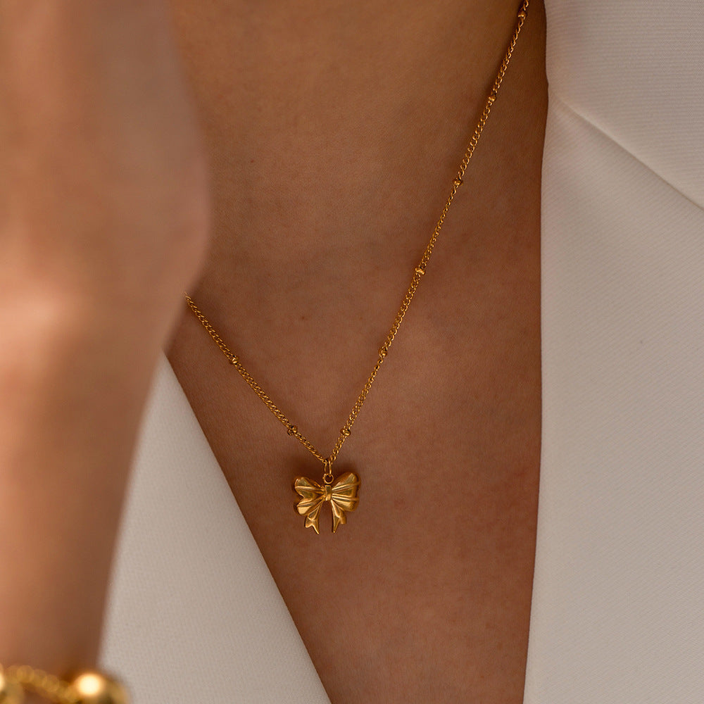 Exquisite Light Luxury 18K Gold Stainless Steel Bead Chain Butterfly Pendant Necklace